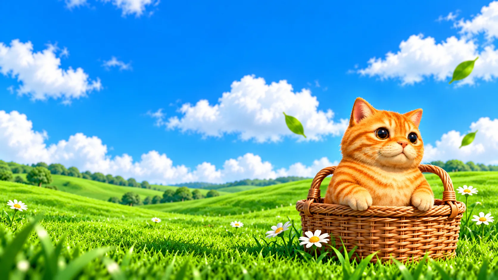 CET sitting in a wicker basket in a field of daisies